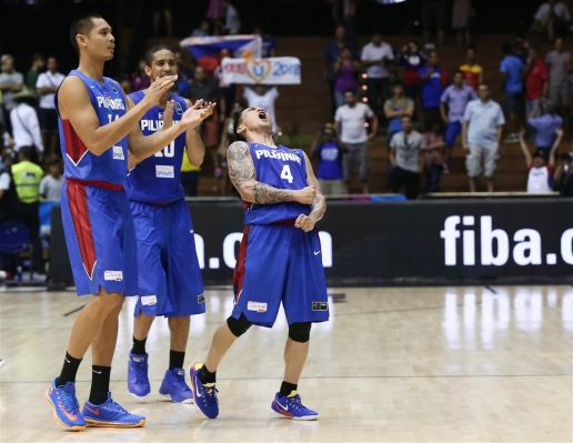 (from left to right) Japeth Aguilar, Gabe Norwood and Team Captain Jimmy Alapag celebrates as Gilas beats Senegal to close their campaign at the FIBA World Championship